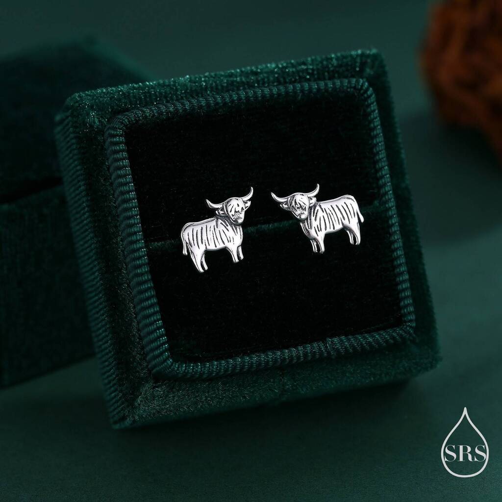 Sterling Silver Small Pair Of Highland Cow Internally Threaded Flat Back/ Screw Back /Stud Earrings