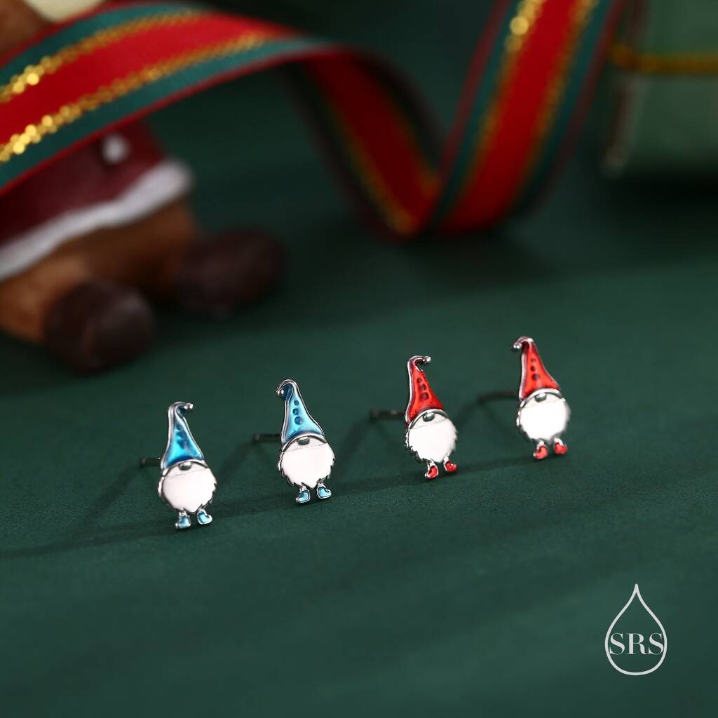 Sterling Silver Cute Gnome Stud Earrings With Hand Painted Enamel