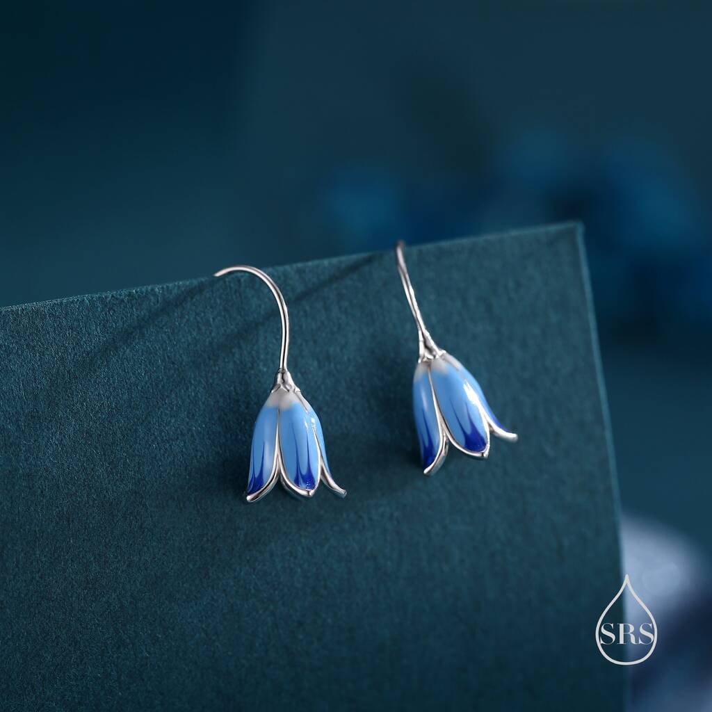 Sterling Silver Enamel Bluebell Flower Drop Hook Earrings