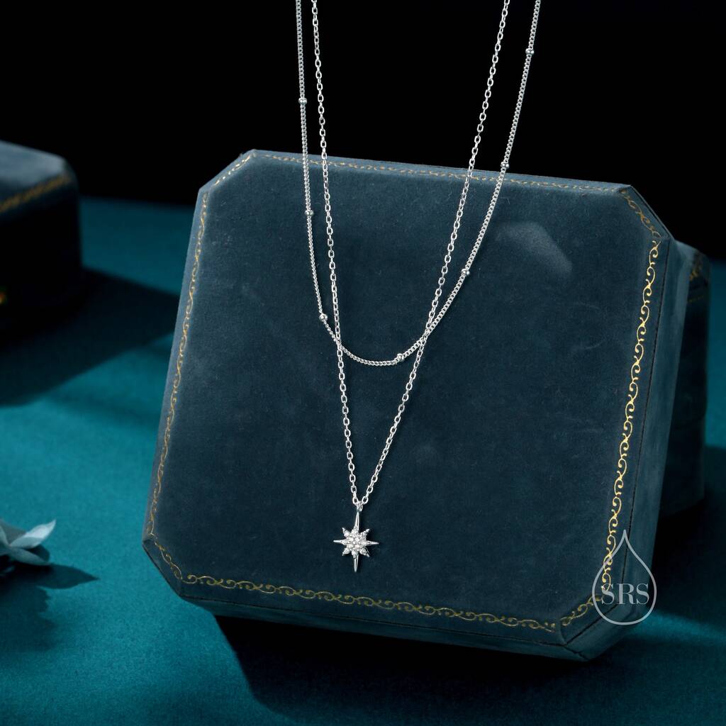 Sterling Silver Double Layer Cz Starburst Pendant Necklace