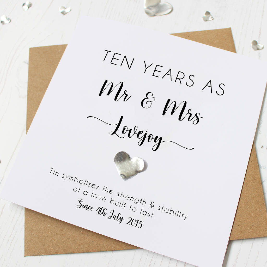 Personalised 10th Wedding Anniversary Card With Tin Heart
