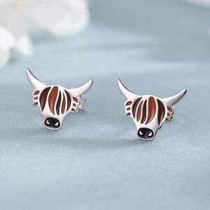 Sterling Silver Delicate Enamel Highland Cow Stud Earrings