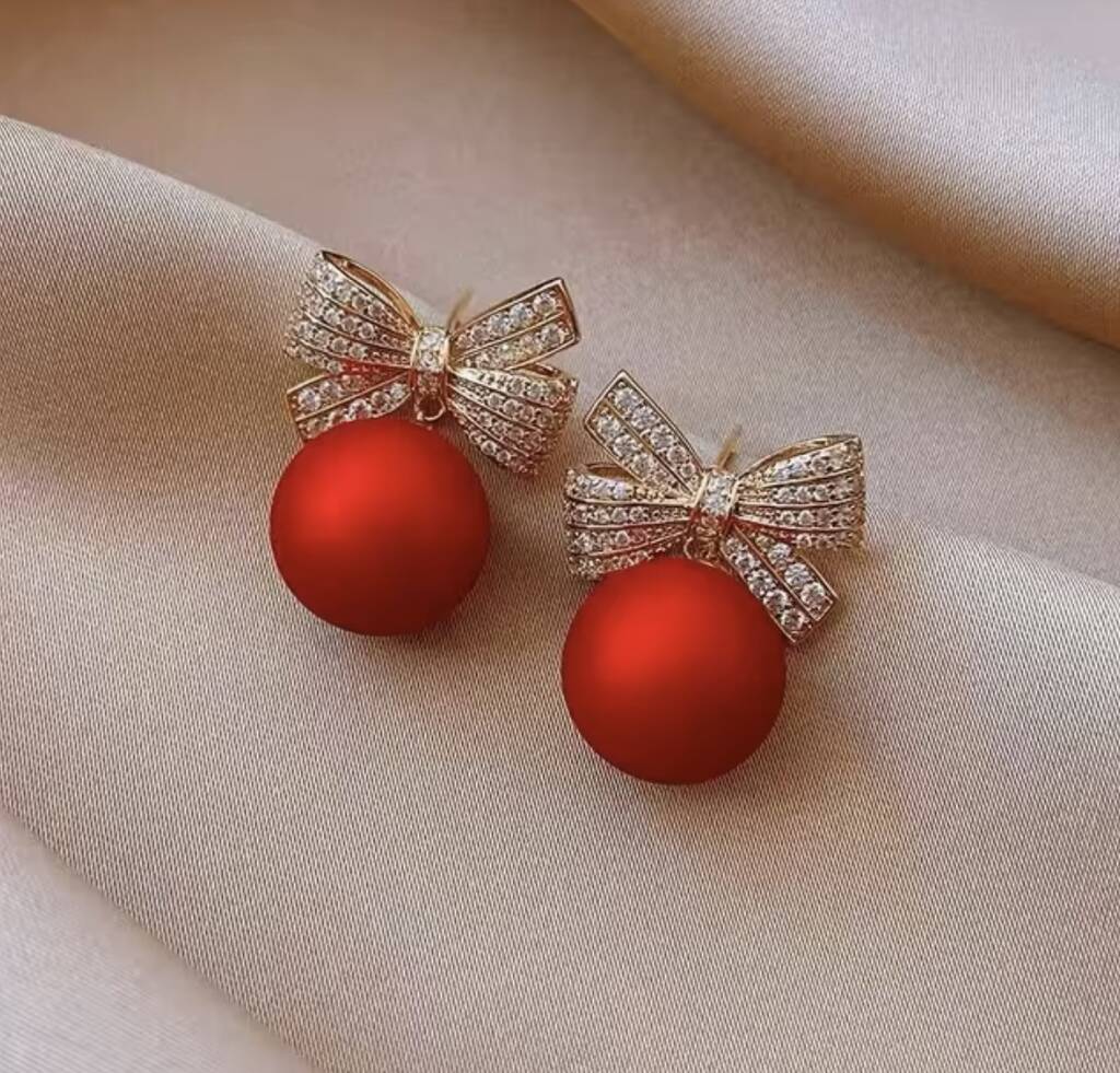Red Bauble Crystal Bow Earring