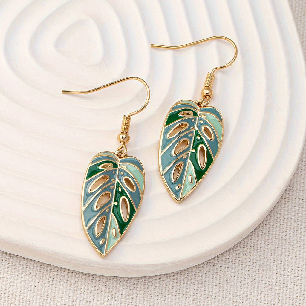Green Boho Leaf Drop Earrings