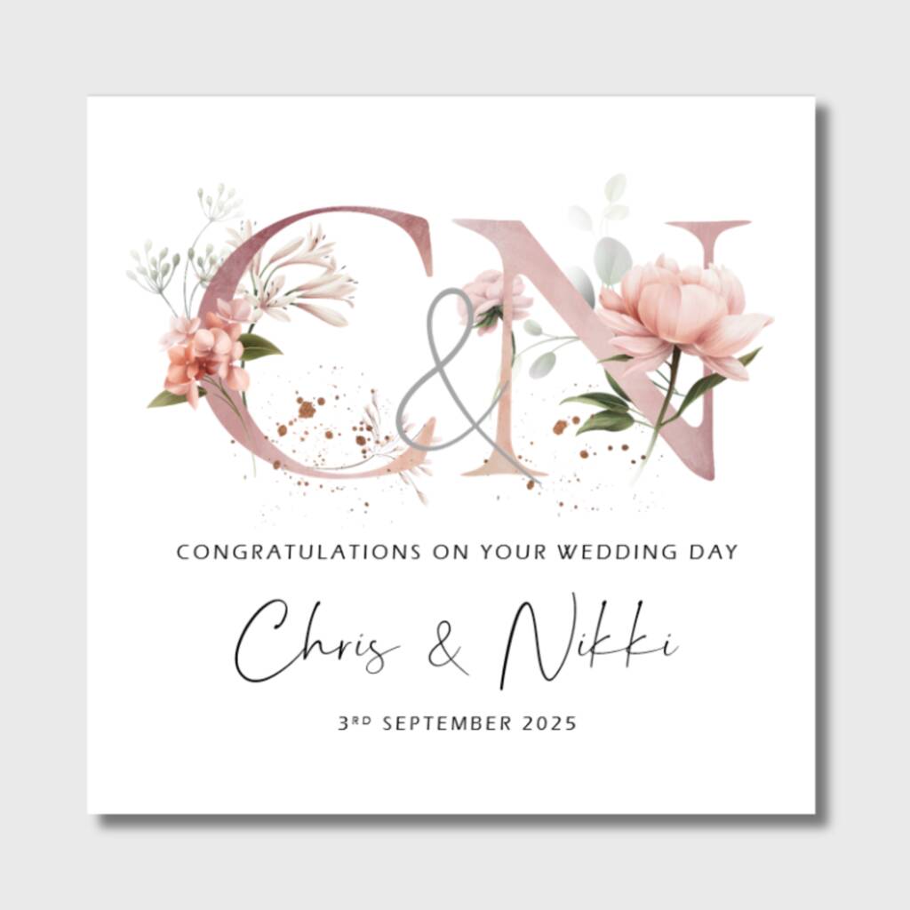 Wedding Card Personalised Dusky Pink Floral Initials