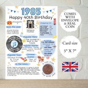 40th Birthday Card With 1985 Coin And Envelope Choose Your Colour