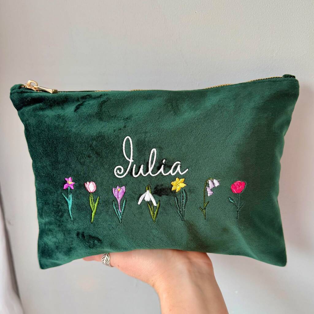 Personalised Velvet Embroidered Floral Make Up Bag