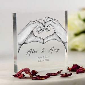 Personalised Couple Hand Heart Acrylic Block - Romantic Gift For Anniversary, Engagement, Wedding, Valentine's Day