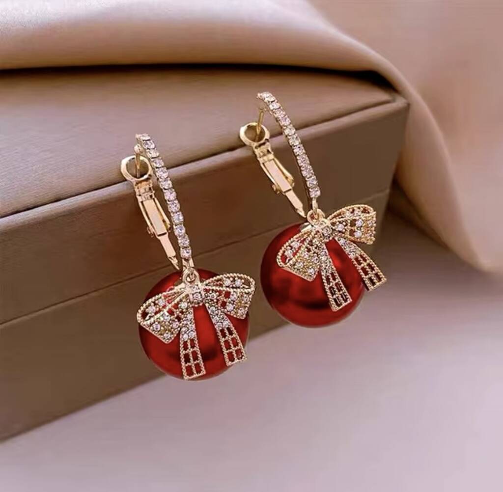 Red Bauble And Bow Earrings