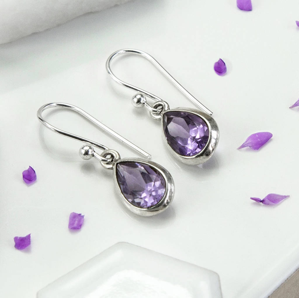 Sterling Silver Dangly Amethyst Teardrop Earrings