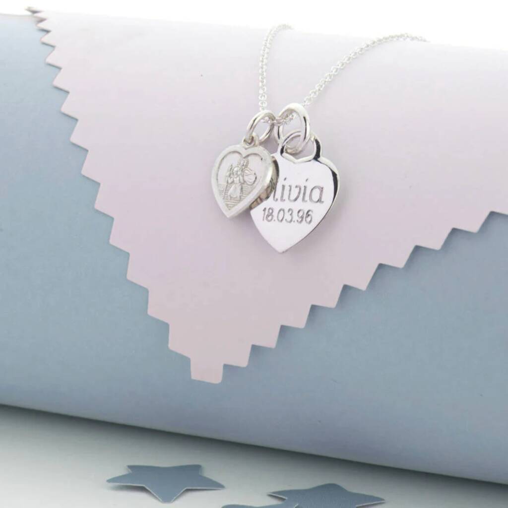Silver St Christopher Double Heart Charm Necklace