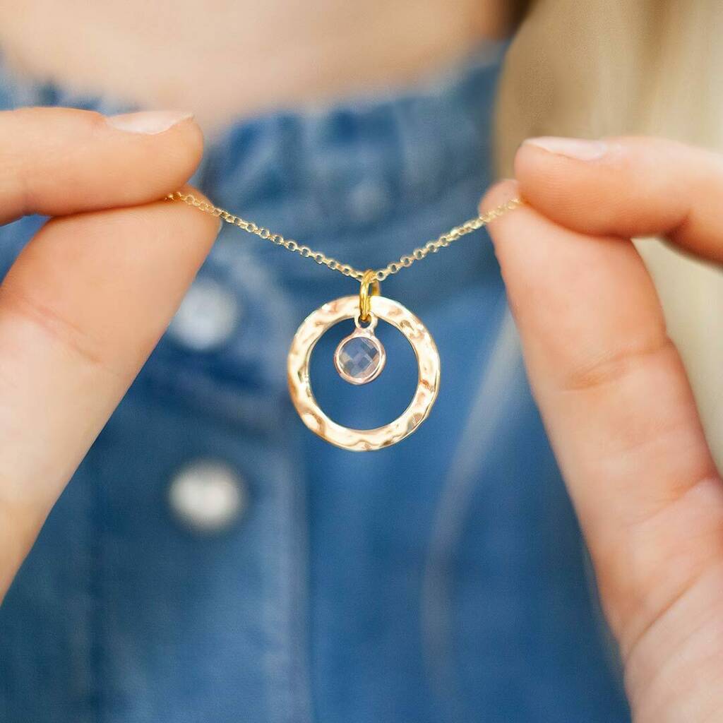 Hammered Halo Birthstone Personalised Necklace