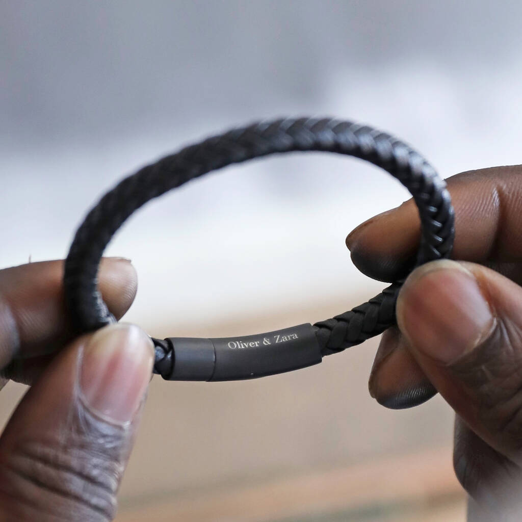 Men's Personalised Leather Bracelet With Matt Clasp