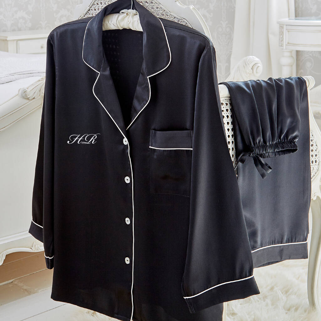 Personalised Black Satin Long Sleeve Pyjama Set