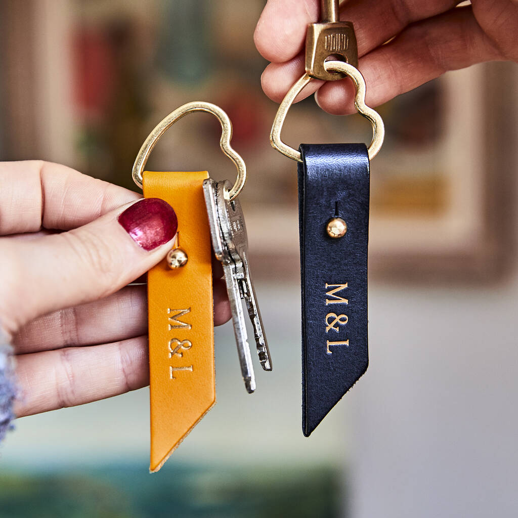 Couples Pair Of Personalised Leather Heart Keyrings