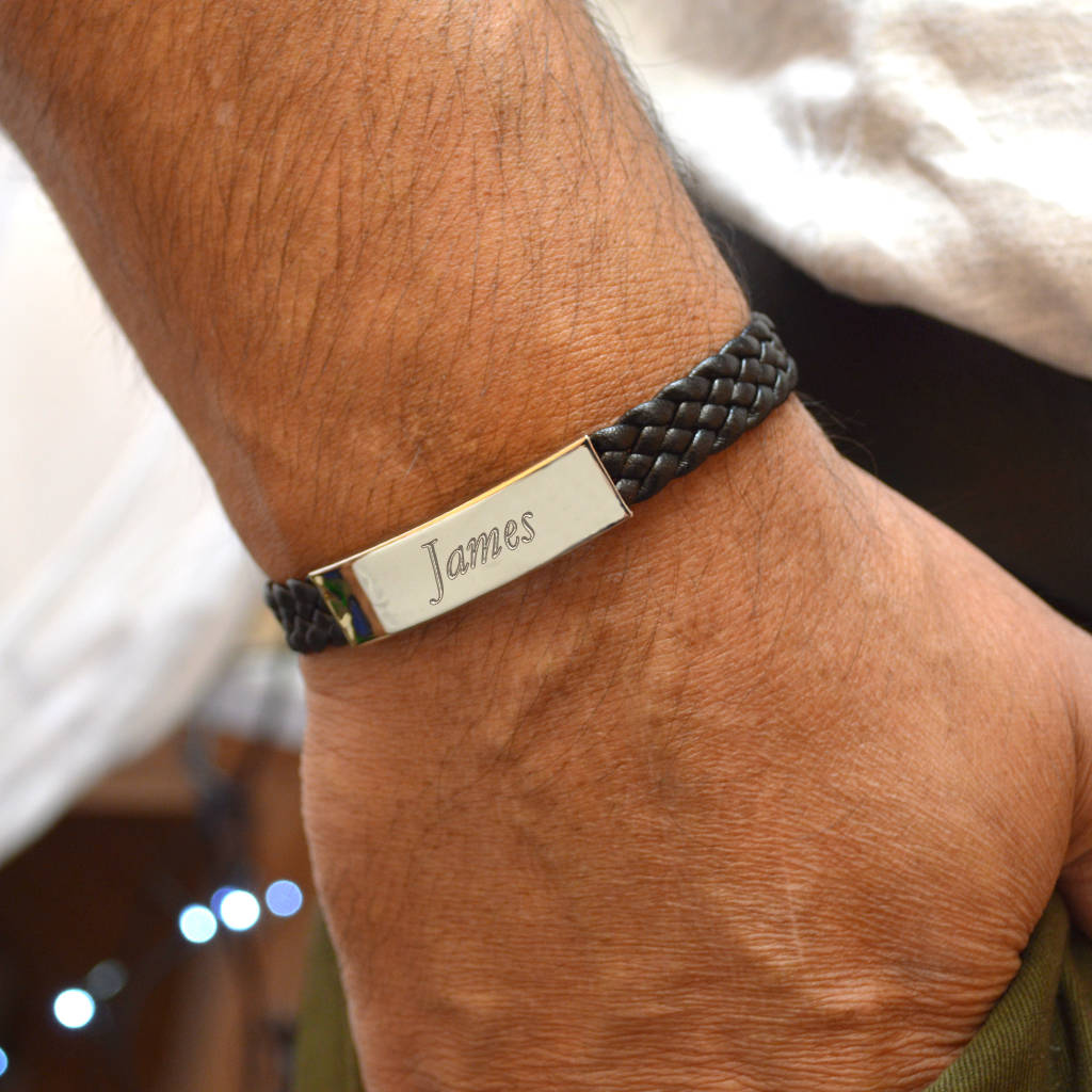 Personalised Mens Bracelet With Leather Woven Strap