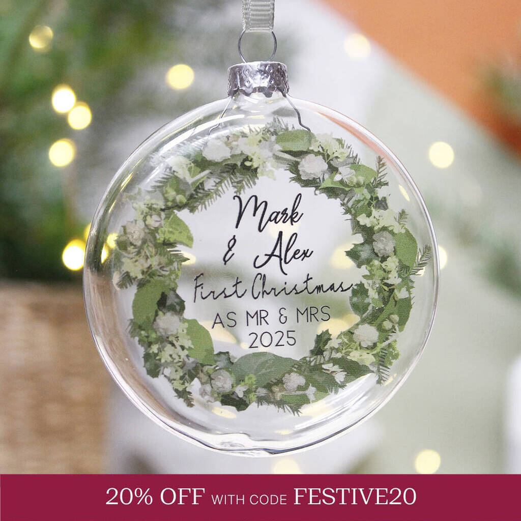 First Married Christmas Wreath Glass Bauble
