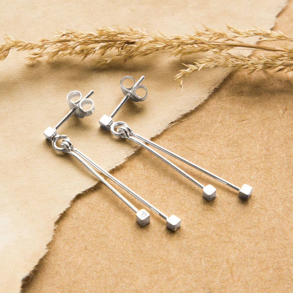 Sterling Silver Delicate Cube And Bar Stud Earrings