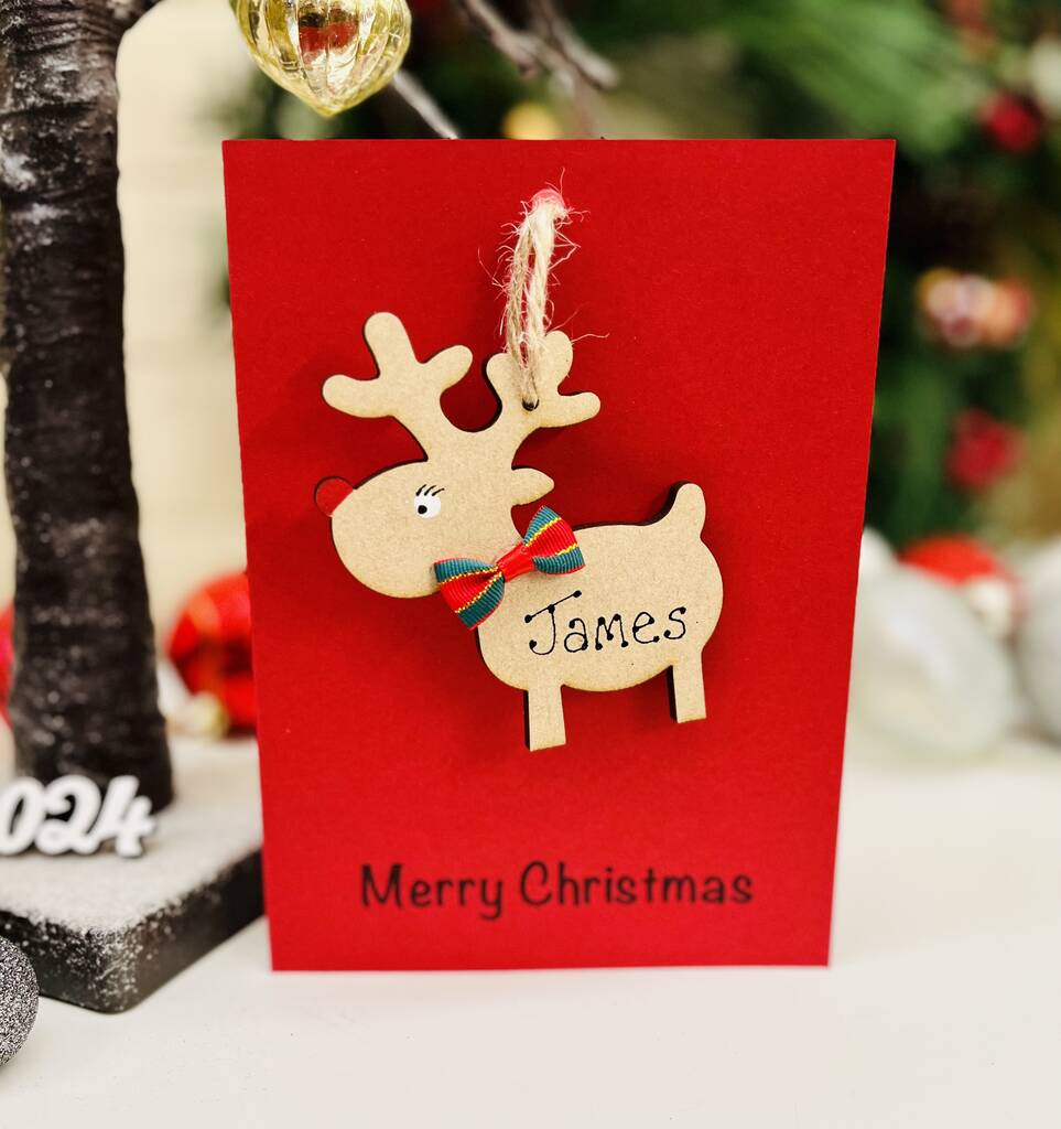 Personalised Reindeer Bauble Christmas Card Wooden