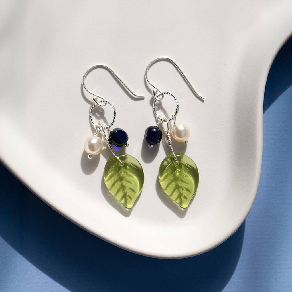 Silver Blue And Green Leaf Earrings