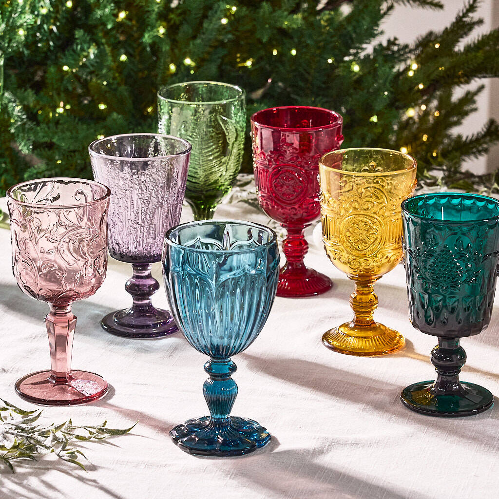 Set Of Four Vintage Embossed Coloured Wine Glasses