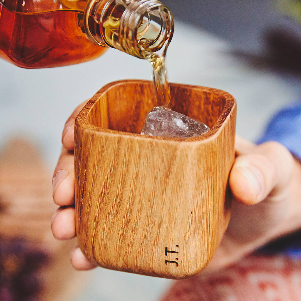 Solid Oak Personalised Whiskey Tumbler - Luxury Engraved Gift