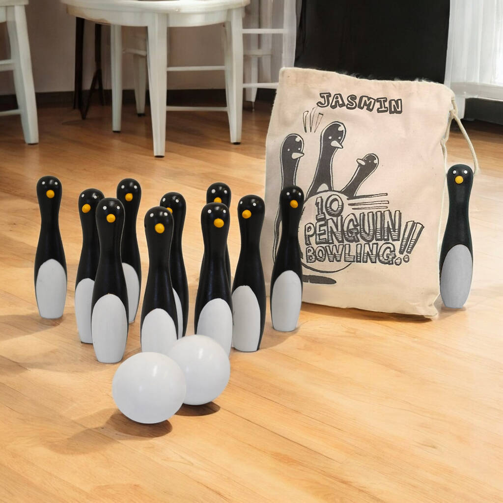 Personalised Penguin Ten Pin Bowling Kit In A Gift Bag
