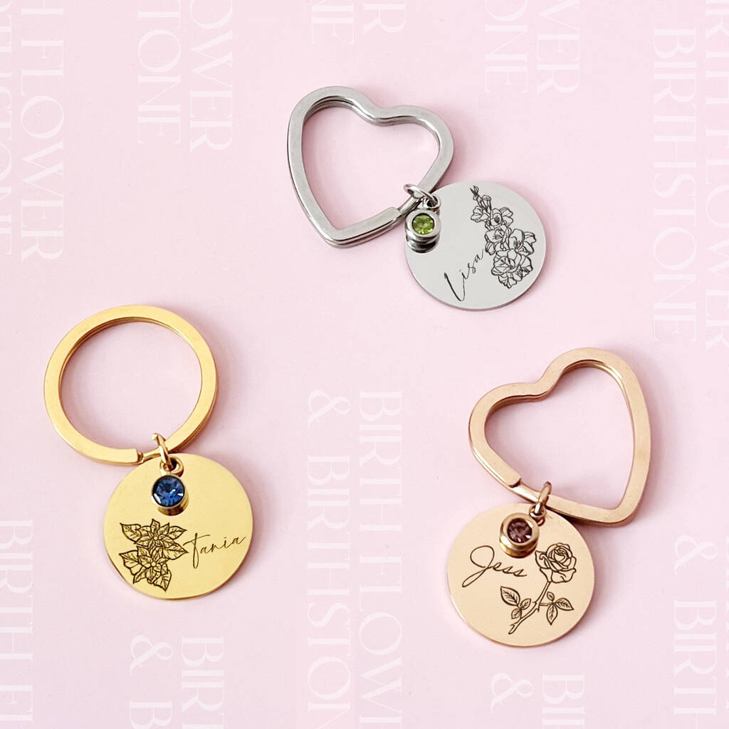 Personalised Birth Flower Birthstone Keyring