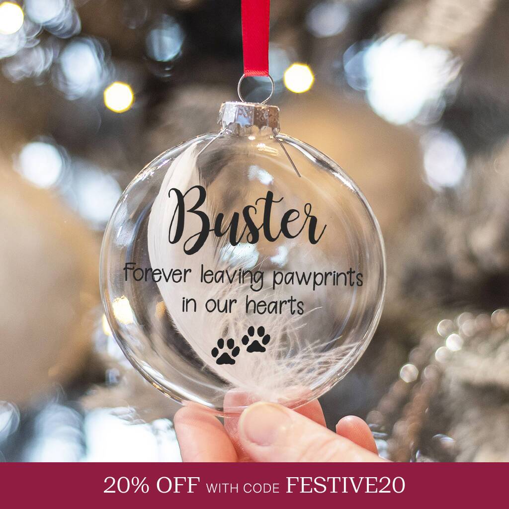 Personalised Glass Pet Memorial Christmas Feather Bauble