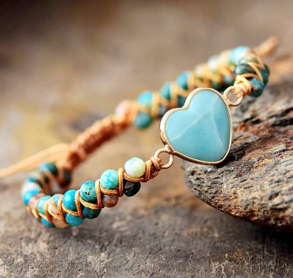 Natural Amazonite And Onyx Love Heart Stone Bracelet