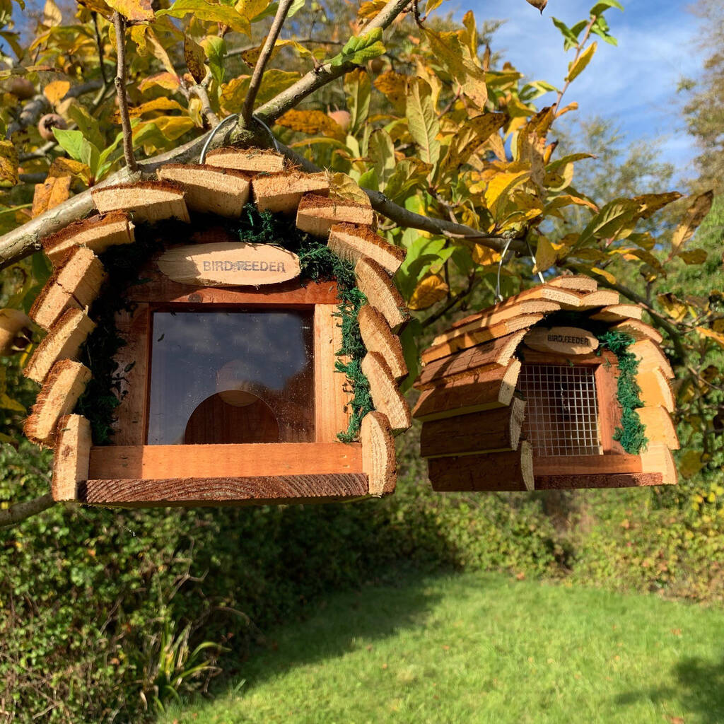 Set Of Two Barkwood Bird Feeders, Seed And Nut