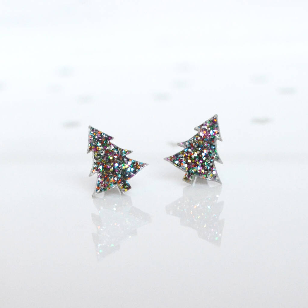 Laser Cut Rainbow Glitter Christmas Tree Earrings Studs